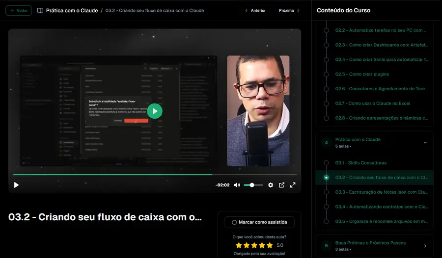 Aula mostrando a criação do fluxo de caixa com o Claude