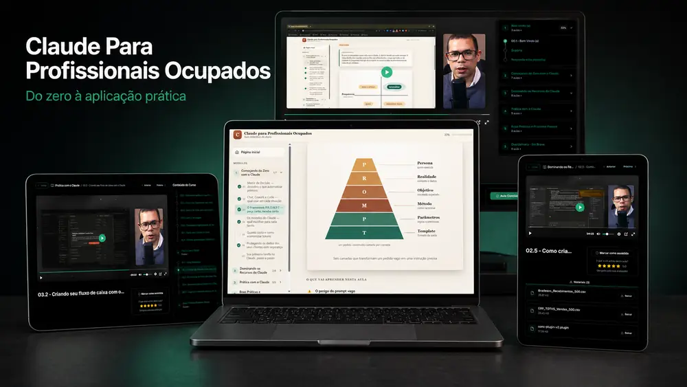 Claude para Profissionais Ocupados em múltiplos dispositivos mostrando as aulas por dentro